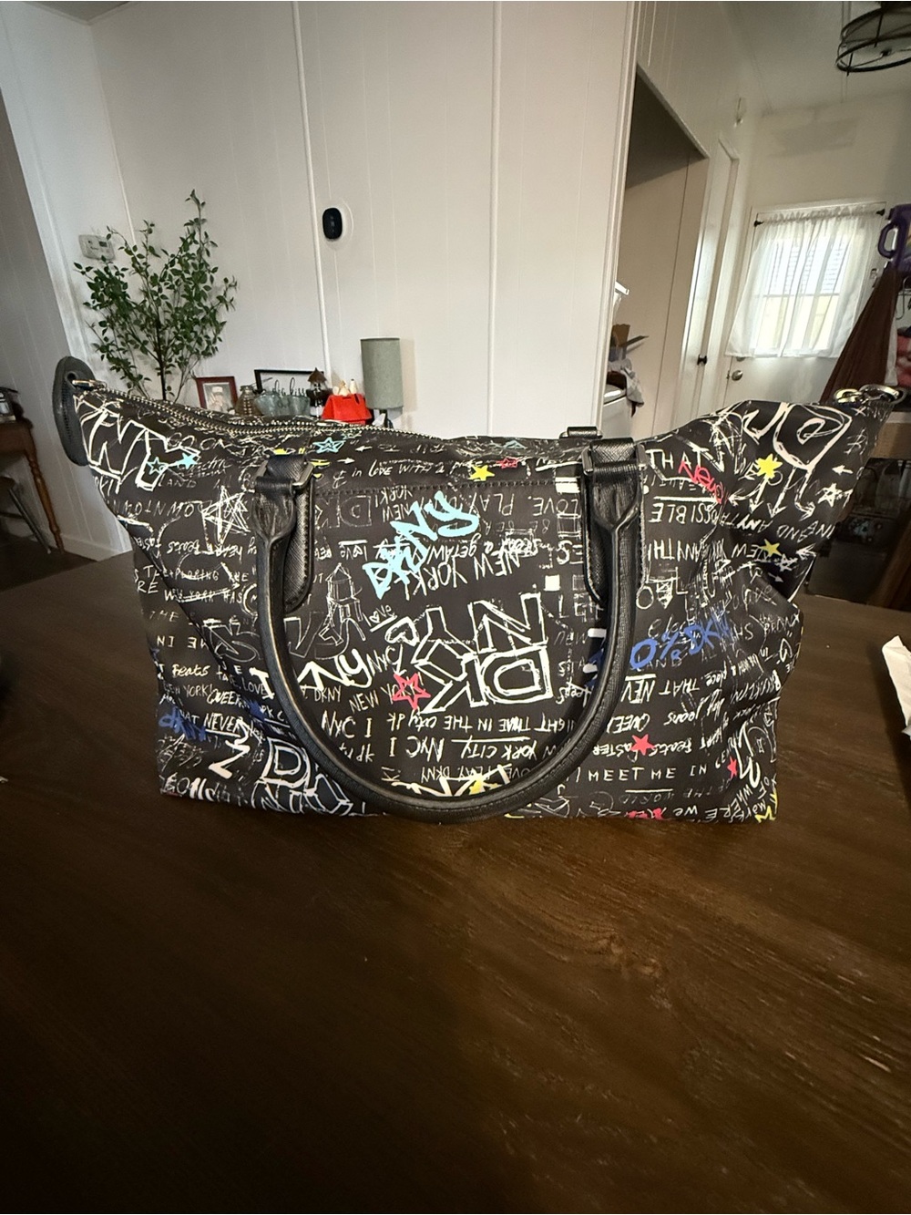 DKNY Bryant Park Large Graffiti Print Shoulder Tote Bag Black
